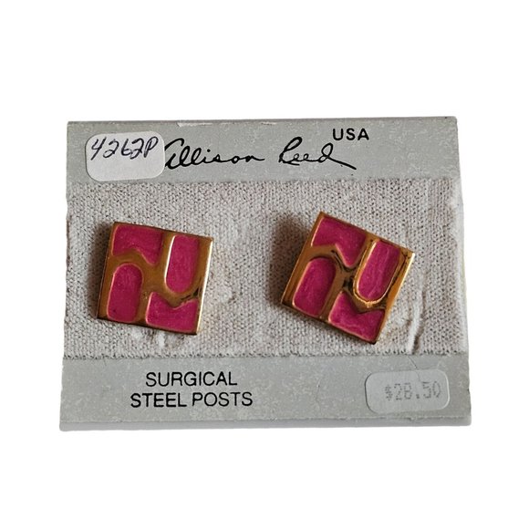 Vintage ALLISON REED Square Pink Gold Tone Shimmer PIERCED EARRINGS New - Picture 2 of 9
